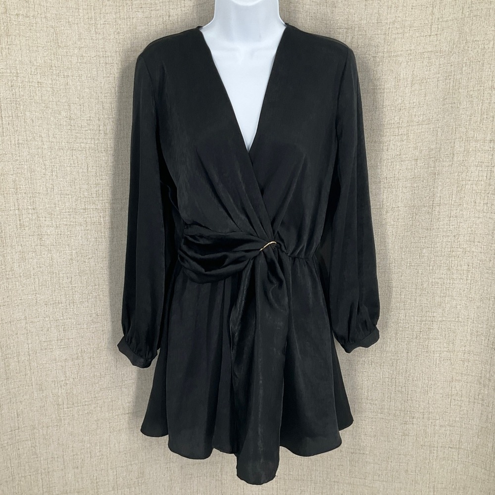 Zara Wrap Mini Dress Womens M‎ Black Satin Ring Detail V-Neck Cocktail Evening